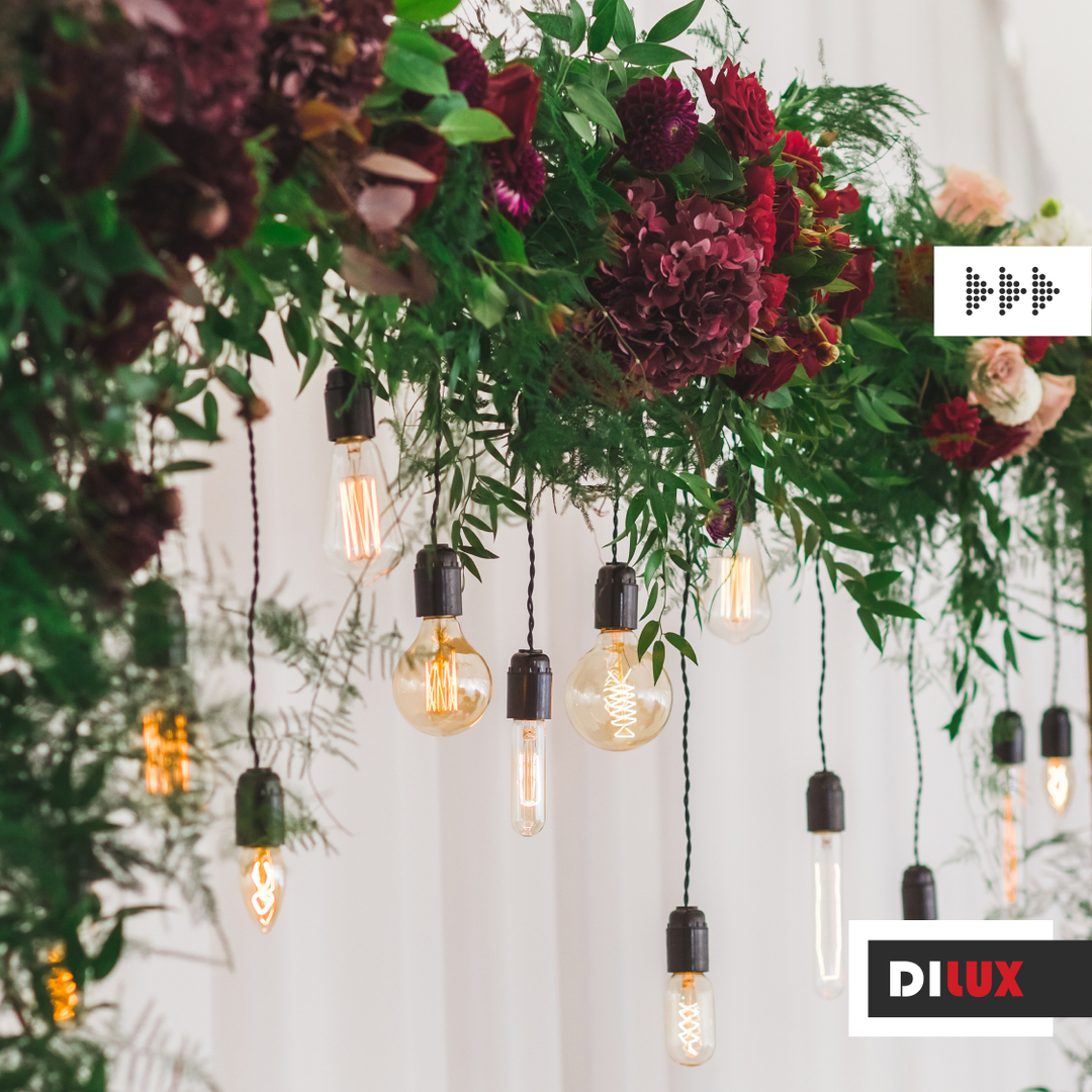 decoração feita com pendentes usando lâmpadas LED vintage e um arco de flores. 